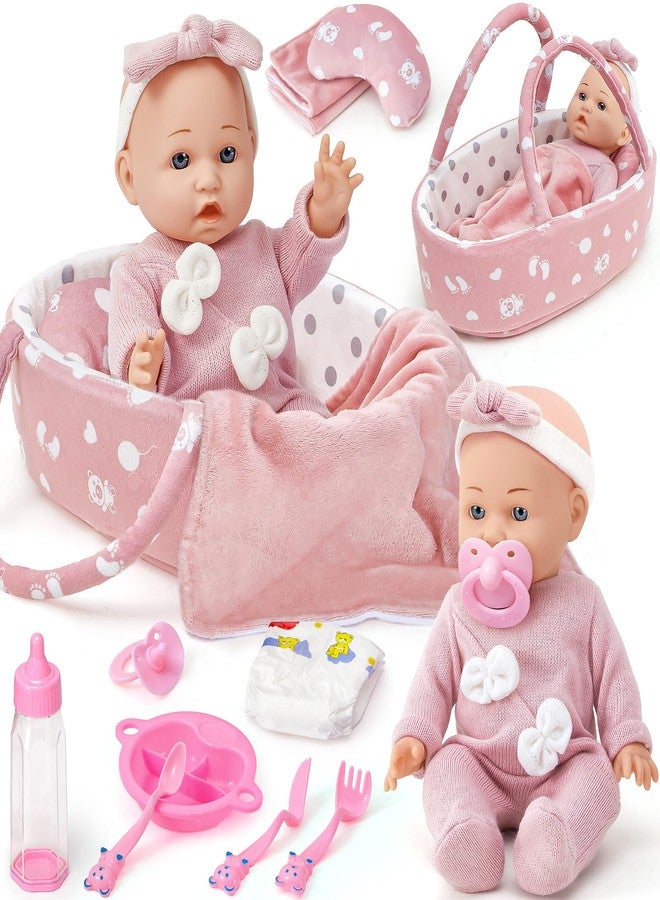 Golray 12" Soft Baby Doll Set with Accessories Bassinet Carrier, 13 Pcs First Toddlers Realistic Baby Doll Crib with Pillow/ Clothes/ Feeding Kit, Pretend Play Toy Birthday Gift for Girls Ages 3 4 5 6 - Image 1
